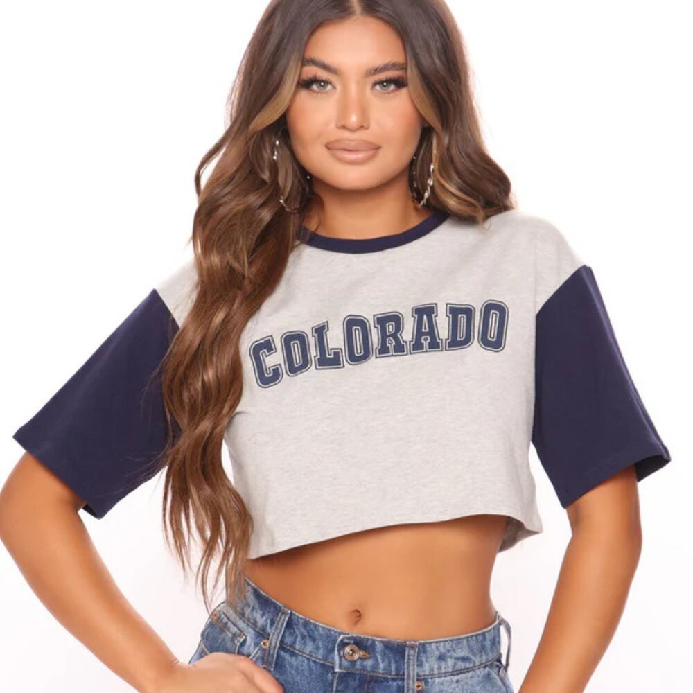 NWT Fashion Nova Colorado Graphic Crop Top | Navy Combo | Large - Picture 1 of 3